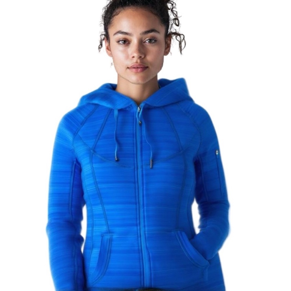 Athleta Striped Strength Hooded Fleece Lined Full Zip Jacket in Macaw Blue